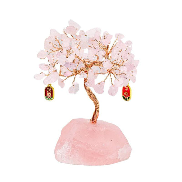 Rose Quartz Crystal Bonsai Tree with Wealth Pendant Charms | DaoZeno