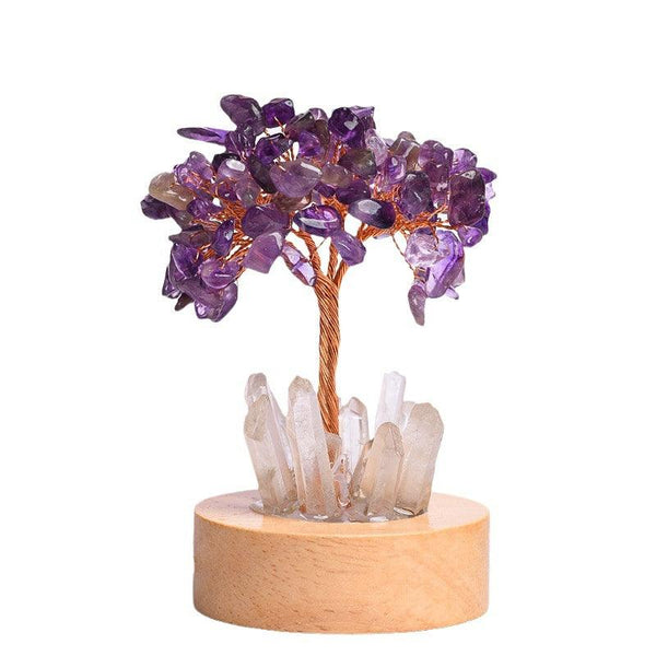 Amethyst Crystal Night Light Tree with Wooden Base | DaoZeno