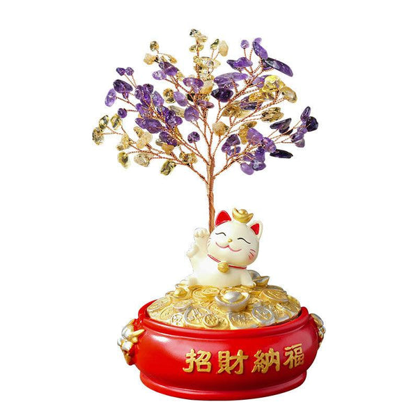 Crystal Bonsai Tree with Lucky Cat Wealth Planter Base | DaoZeno